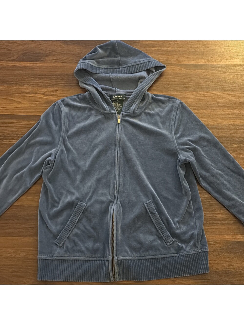 Lauren Ralph Lauren Hoodie Womens Medium Blue Velour Zip Up Loungewear